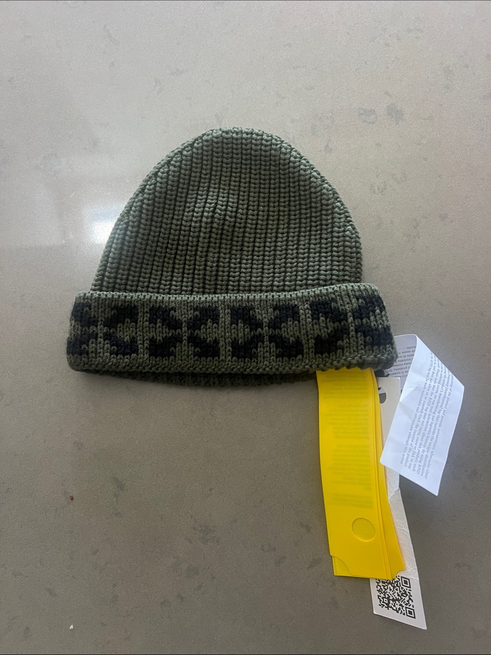 Off-White Kids Olive Green Knit Beanie with Dark Patterned Cuff